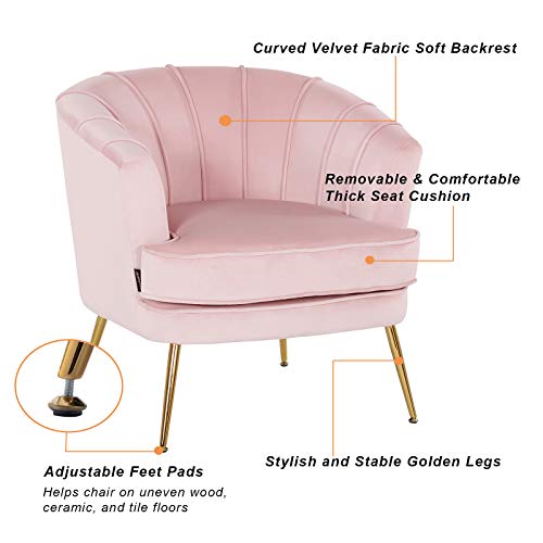 Artechworks Modern Velvet Barrel Chair Accent Armchair With Golden Legs For Living Room Bedroom Home Office, Channel Tufted Back Club Chair, Pink #TOP2