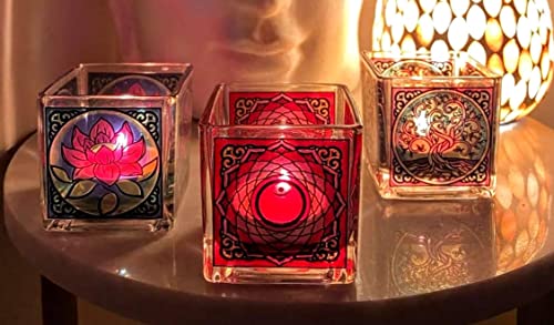 Myakasha Tealight Candle Holder Set Of 3 Small Glass Tea Light Holder With Colorful Lotus Flower, Tree Of Life & Mandala, Stained Glass Decor, Unique Gift For Table, Shelf, Or Window Sill #TOP2