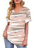 Eanklosco Women's Short Sleeve V-Neck Shirts Loose Casual Tee T-Shirt Camo Pink