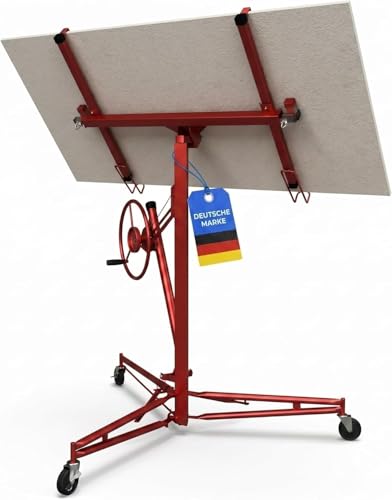 Werkthor XXL Plattenheber bis max. 68 kg - Höhe 140-350 cm - Plattenheber Trockenbau für Rigipsplatten & Gipskartonplatten - Rigips Plattenheber mit 3 Räder & Feststellbremse (Rot)
