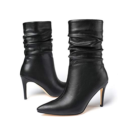 Vivianly Womens Pointed Toe Heel Boots Stiletto Heels Mid-Calf Boots Zipper Booties Size 9 #TOP6