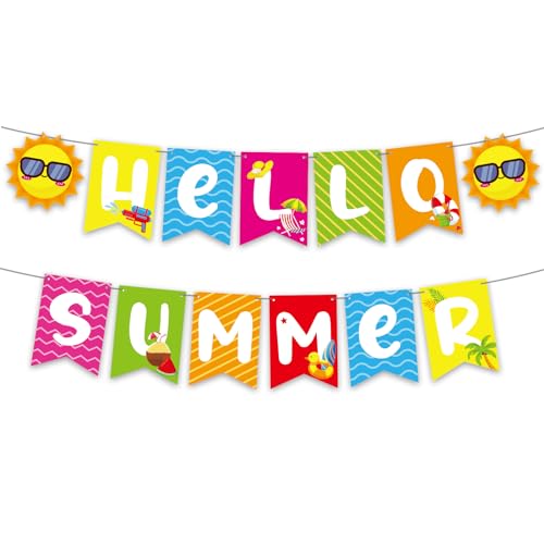 YQUQWN Hello Summer Banner - No DIY Summer Banner for Summer Party Decorations Hello Summer Sun Signs for Birthday Beach Pool Decorations Tropical Party Decorations Summer Party Supplies