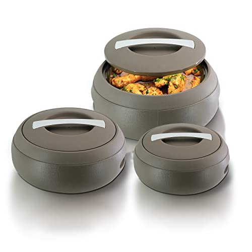 Jaypee Insulated Casserole Dishes | Serving Dishes With Lid | Stainless Steel Inner | Keep Food Warm | Thermal Food Container | Hot Pot | Set of 3-2L, 3L, 5L -By Nyra (Brown)
