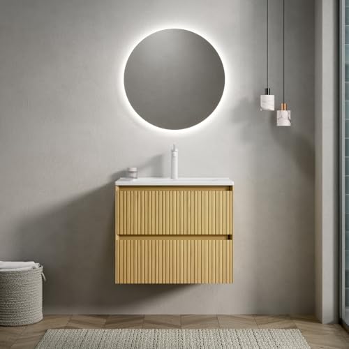 ZHOMGG 61cm Mueble de baño – Lavabo de cerámica integrado, cajones de madera maciza, gran almacenamiento, montaje en pared, roble dorado (grifo no incluido)