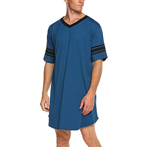 N /C Men Cotton Nightshirt, Short Sleeve V-Neck Soft Loose Nightwear (Blue, L) #TOP3