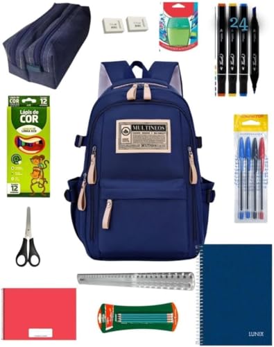 Kit Escolar Completo Masculino Azul – Inclui Mochila, Estojo e Tudo para Ensino Médio e Fundamental, Organização Total