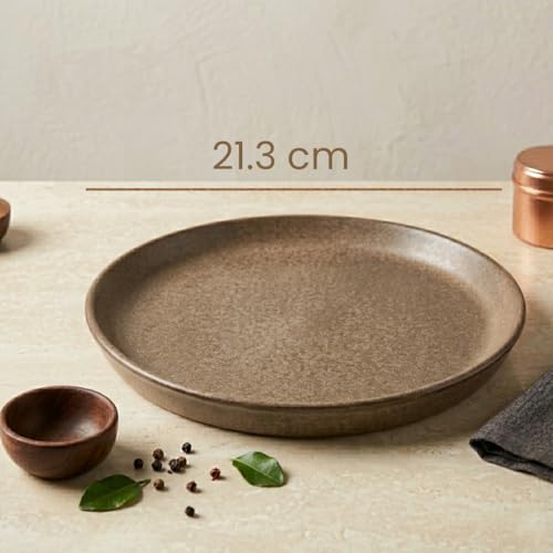 Image of The Earth Store Brown Rim Ceramic Platters Set of 2 (8 Inch) - Microwave & Dishwasher Safe Serving Platters for Snacks, Dining & Restaurant Use