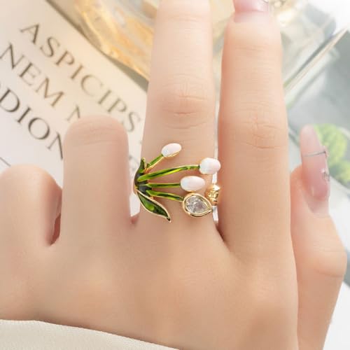 Kokoma Elegant Tulip Flower Open Statement Ring for Women CZ Crystal Floral Wrap Finger Band Leaf Anniversary Wedding Rings Eternity Ring2
