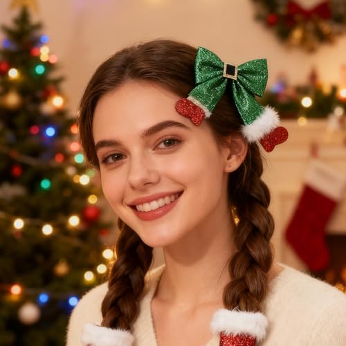 2 Pinzas de Pelo Navideñas con Lazo Brillante Rojo y Verde miniatura 5