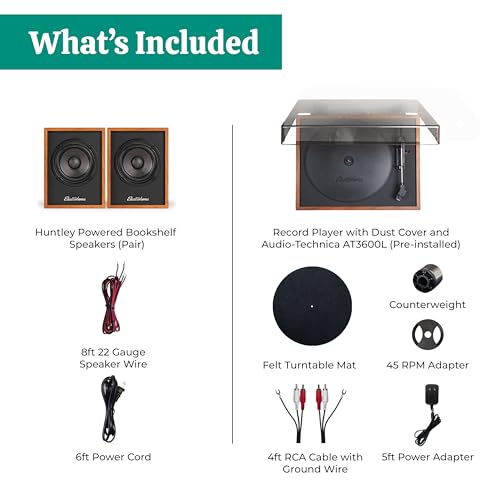 Electrohome Montrose, Upgradable Vinyl Record Player with Huntley, Powered Bluetooth Bookshelf Speakers, 3" Driver, for Warm Natural Sound, Teak