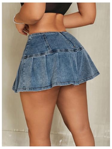 MakeMeChic Women's Pleated A Line Jean Skirts Zip Up Flared Hem Summer Mini Denim Skirt3