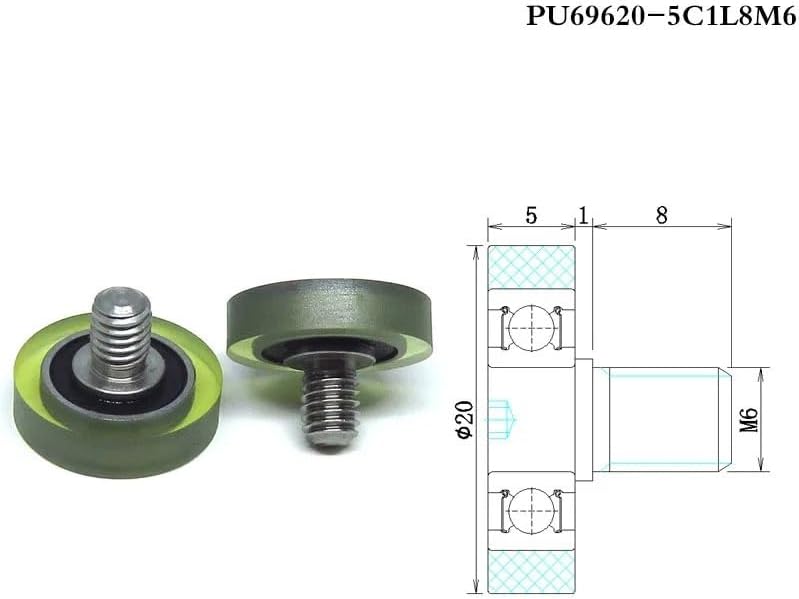 5 pieces 20mm outer diameter PU coated rollers with 696RS bearings and M6 screws PU69620-5C1L8M6 polyurethane soft rubber silent pulleys