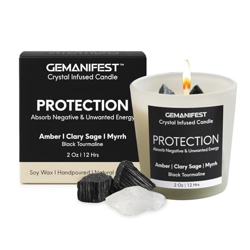 Gemanifest Protection Black Tourmaline Crystal Manifestation Candle, Soy Candle for Cleansing House Negative Energy, Valentine's Gift for Her/Him, Cleansing House Negative Energy