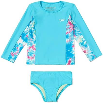 Speedo Girls' Standard Uv Swim Shirt Long Sleeve Rashguard Set, Blue Atoll, 3T Toddler