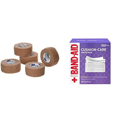 3M Coban Self- Adherent Wrap, 1″x 5yds, Pack of 5 Rolls, Tan & Band-Aid Brand Medium Gauze Pads, 3×3 Inch (Pack of 25)