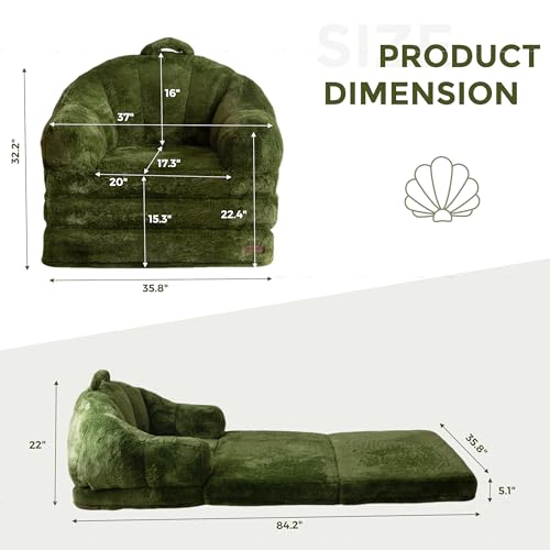 Image of MAXYOYO Folding Sofa Bed, 2 in 1 Convertible Sofa to Lounger Comfy Single Bean Bag Chair for Adults, Floor Couch with Handle, Faux Fur Couch Bed for Living Room Bedroom, Green