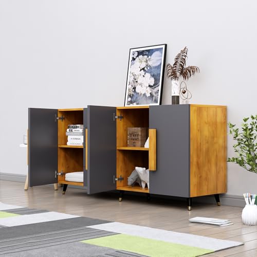 Image of Multipurpose Storage Cabinet for Living Room, Kitchen, Office, Sideboard Cabinet with 4 Drawer and 3 Door Storage (Giant Wood & Slate Grey)