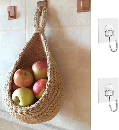 DIYARTS 2 PCS Hanging Wall Basket Teardrop Hanging Baskets, Hand Woven Wall Mounted Vegetable and Fruit Basket, Plant Woven Storage Basket for Kitchen Decoration, Living Room, Porch, Large and Small