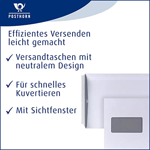 POSTHORN Versandtasche C5 (500 Stück), haftklebende Versandtaschen mit Fenster, weißer Innendruck für Sichtschutz, 229 x 162 mm, 90g/m²