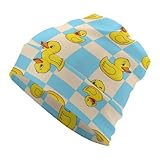 SVEFDOC Fashion Beanie Hats for Girls Boys, Blue Checkered Funny Rubber Duck Hedging Head Hat Skull Hat for Cycling Party, Stretch Sleep Cap Windproof Dancer Cap