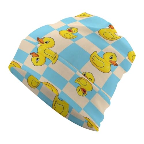 SVEFDOC Fashion Beanie Hats for Girls Boys, Blue Checkered Funny Rubber Duck Hedging Head Hat Skull Hat for Cycling Party, Stretch Sleep Cap Windproof Dancer Cap