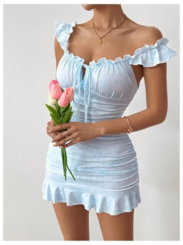 Image of Floerns Women's Floral Print Off Shoulder Milkmaid Dress Ruched Ruffle Hem Bodycon Mini Dress