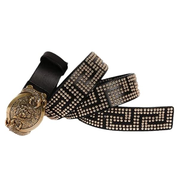 Punk Rock Bälte Med Häftstift Med Guldnit I Cirkulära Pärlor Arrangemang Läderrem Med Graverat Lejonhuvud Och Tassar Spänne(125cm/waist:43", Black)