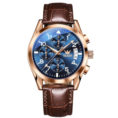Image of OLEVS Men's Watches Leather Strap Analog Quartz Watch, Fashion Big Dial Date Waterproof Watch, Dress Luxury Luminous Men Watches, Blue Face /Brown Leather Strap, round, Quartz Watch