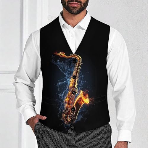 Saxophone Water Fire Men's Suit Vests Dress Vest V-Neck Waistcoat Slim Business Formal with Pocket2
