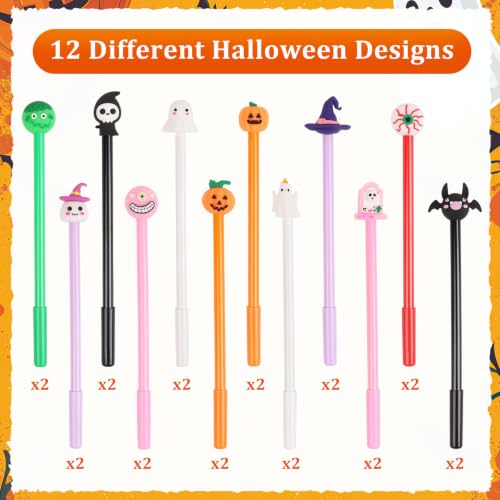 CCINEE 24 Pcs Halloween Pens, 12 Styles Cute Cartoon Ghost Pumpkin Witch Hat Skull Bat Gel Ink Pens 0.5mm Black RollerBall Pen for Kids Adults Halloween Party School Home Office Supplies - Image 3