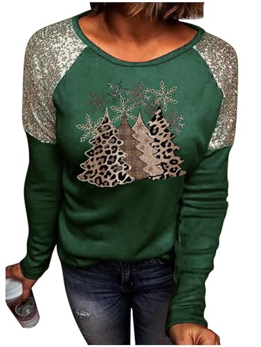 Image of Women Leopard Christmas Trees Snowflake Sequined Splicing Blouse T Shirts Xmas Graphics Print Casual Long Sleeve Tees
