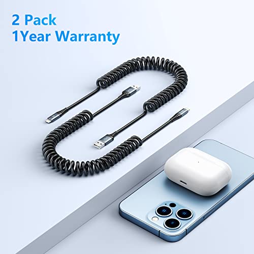 Coiled Lightning Cable, Iphone Charger Cable 3Ft For Car, 2 Pack [Apple Mfi Certified] 3 Feet Lightning Cord Compatible With Iphone14/13/12/11 Pro Max/Xs Max/Xr/Xs/X/8/7/Plus/6S Ipad/Ipod- Black #TOP4
