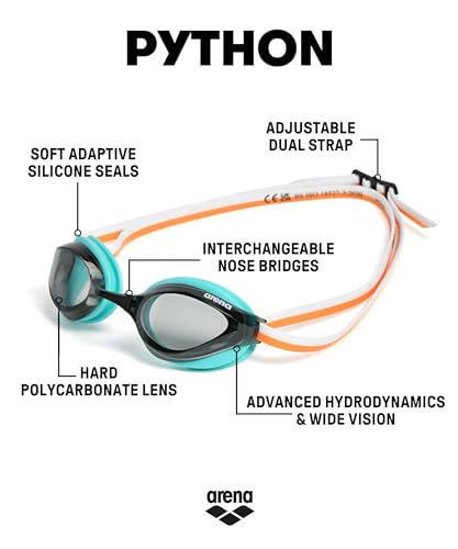 Image of ARENA Unisex Python Racing Swim Goggles for Men and Women Anti-Fog No Leak Max Comfort Dual Strap, Mirror /Non-Mirror Lens