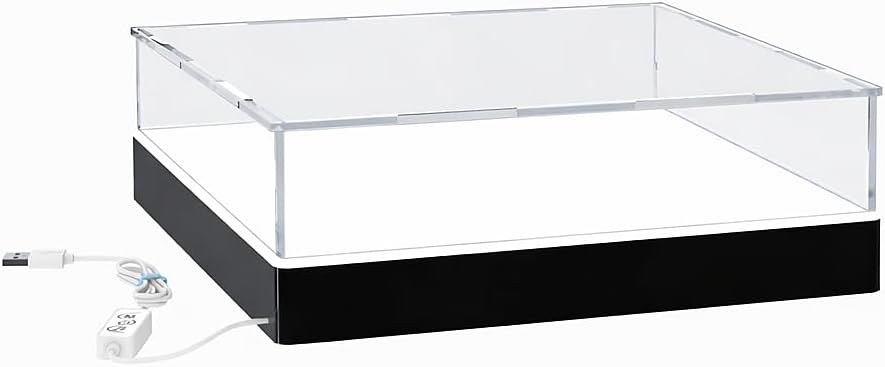 Light Up Acrylic Display Case with RGBW LED Lights, USB Powered with Switch Panel & App Control, Clear Collectible Display Box for Books, Medals, Stamps and Cards, 12x12x4 Inch