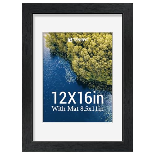 TENIBYC 12x16 Picture Frame, 8.5x11 Mat, Black Wood, Glass, 1 Pack,