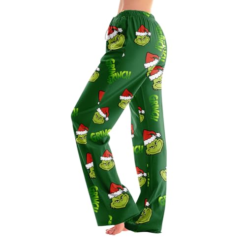 ZXCTKA Christmas Pjs Bottoms,Christmas Pajama Pants Women Funny Holiday Elastic Waist Loose Fit Wide Leg Lounge Pants Drawstring Soft Pj Bottoms(Large,Greens)