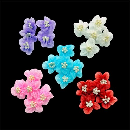 Image of Fabric Flower Embellishments with Pearl Center Handmade Organza Floral Appliques for Craft, Hair Accessories, Scrapbooking, DIY Decoration & Sewing Pack of 25 Piece 4CM (Combo)