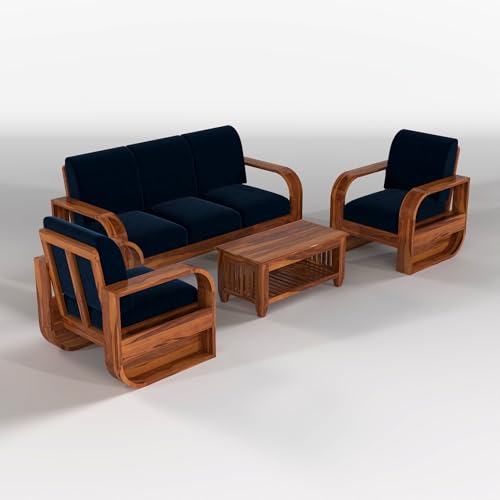 Image of NEW MAMTA FURNITURE Solid Sheesham Wooden 5 Seater Sofa Set Without Coffee Table with Blue Cushion for Living Room Furniture - Honey Finish (3+1+1)