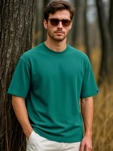 Image of Bewakoof Men's Cotton Solid Super Loose Fit Half Sleeve Round Neck T-Shirt | Casual Wear | Street Wear | Oversized t Shirt for Men Cotton| Baggy