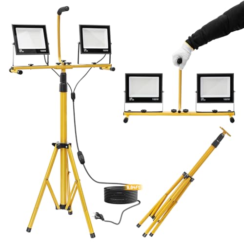 Yofuly LED Baustrahler mit Stativ, 200W Arbeitsleuchte 15000 Lumen Bauscheinwerfer Baustellenlampe IP66 Wasserdichte mit 3M Kabel, 6500K Tragbare Bodenstandleuchte Höhenverstellbar bis Max. 160cm