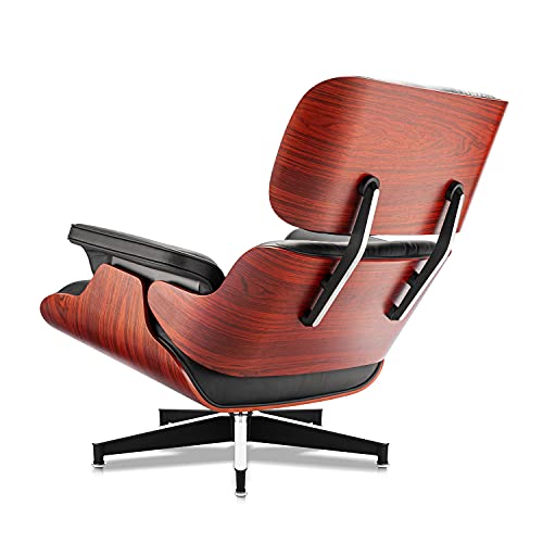 Image of Top Black Grain Leather, Mid Century Chaise Lounge Chair and Ottoman, Modern Chair Classic Design, Red Rosewood, Heavy Duty Base Support for Living Room Office