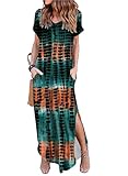 Arolina Vestido largo de verano para mujer, manga corta, cuello en V, casual, holgado, largo, para playa, con bolsillos, Tie Dye Cian, Large