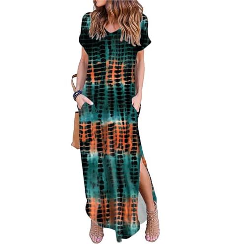 Arolina Women Summer Maxi Dress Short Sleeve V Neck Casual Loose Long Split Dresses Beach Vacation Sundress with Pockets Tie Dye Cyan Small