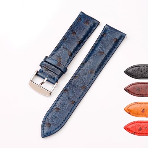 Chlikeyi Watchband Genuine Leather 18-22mm Ostrich Pattern Black Blue Yellow Quick Release, Blue, 18 mm
