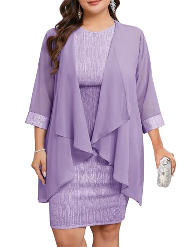 Image of ZOMVA Plus Size Sparkly Formal Dress Suit 2 Piece Mother of The Bride Groom Chiffon Jacket Outfit Cocktail Evening