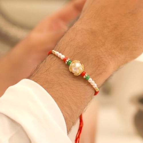 Image of Peora CZ Pearl & Crystals Studded Thread Rakhi for Brother Bhaiya | Combo Set of 3 | Raksha Bandhan Hamper with Roli Chawal & Greeting Card