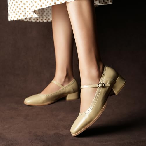 Image of Theater Miss Newton Mary Jane Block Heels with Vintage Textured Detailing for Women | Adjustable Cross-Strap Buckle and Comfort Sole for Office, Formal