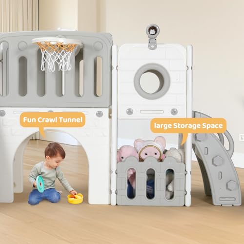 Arlopu 9 in 1 Toddler Slide Set, Kids Large Climber Slide Playset w/Long Slope, Telescope, Storage Space, Enclosed Steps, Indoor Outdoor Playground (White & Gray)