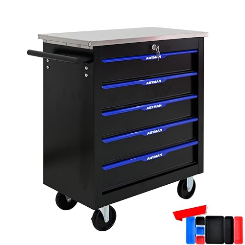 nifoti 5 Drawers Tool Cart on Wheels,Lockable Multifunctional Rolling Tool Chest with Storage Box,Drawers Rolling Tools Trolley Case for Garage,Warehouse, DIY Multiple Interconnectable(Black+Blue)