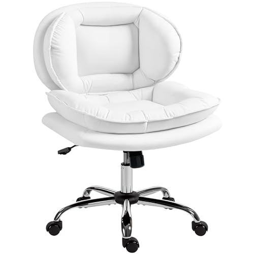 HOMCOM Silla de Oficina Piernas Cruzadas, Silla de Escritorio sin Brazos con Asiento Ancho, Ruedas, Altura Ajustable, Doble Acolchado, Giratoria, Función Basculante, Tapizada en PU, Blanco
